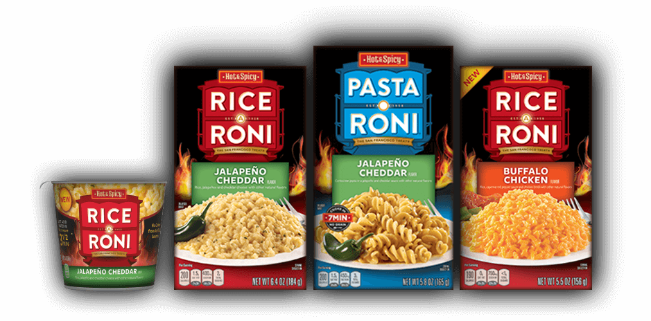 Rice-a-Roni Jalapeño Cheddar, Pasta-Roni Jalapeño Cheddar, and Rice-a-Roni Buffalo Chicken products